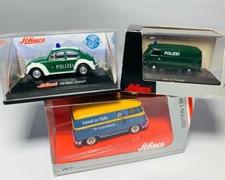 Three Schuco Volkswagen Die-Cast Scale Model Cars In Original Boxes - VW T1, VW Kafer Polizei, and VW T1 Polizei
