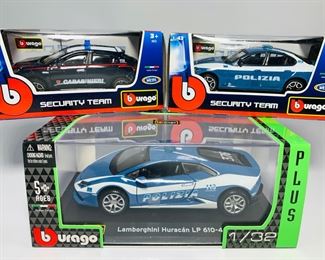 Three BBurago Police Car Die-Cast Scale Model Cars In Original Boxes - Lamborghini Huracan LP 610-4, and Two Alfa Romeo Police Cars