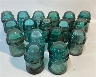 17 Antique Blue Glass Telephone Pole Insulators - AM TEL and Hemingray - Some have minor chips. Still super cool pieces. - Lot 1302

