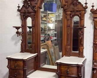 Walnut Victorian Heavily Carved Marble Top Dropwell Vanity