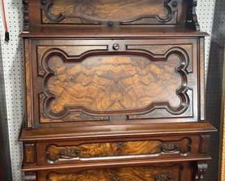 Walnut Victorian Drop Front Desk with Burl Walnut Panels