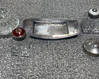 David Anderson Norway sterling and guilloche enamel shakers on a David Anderson silver plate tray and a sterling silver lid jar