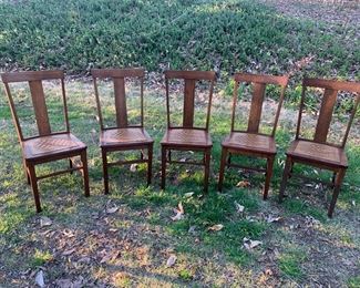 Authentic Walking Dead Show Prop:  This is a set of five stained wooden dining chairs with embossed leather seats used in several episodes of The Walking TV series.  This item comes with a Certificate of Authenticity.  Check out the next picture to see where these chairs  were located in the show.  Priced at $350 for the set.