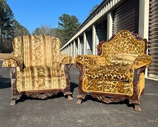 This item is a set of two baroque style antique chairs.  These were not labeled with where they were used in the show, and we've not located a screen match of them yet.  But they do come with a certificate of authenticity signed by an AMC representative authenticating that they are a show prop from The Walking Dead.  The labels under the seat cushion in both chairs dates the upholstery as 10/21/1968 by Sandia Upholstering Company.  $500 for the set.
