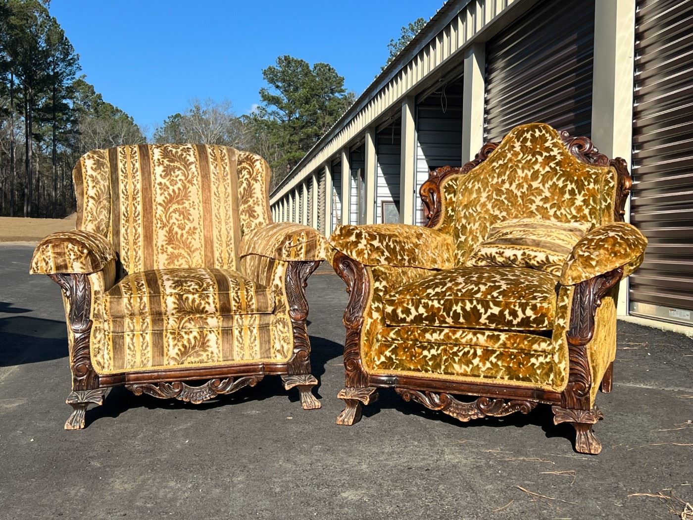 This item is a set of two baroque style antique chairs.  These were not labeled with where they were used in the show, and we've not located a screen match of them yet.  But they do come with a certificate of authenticity signed by an AMC representative authenticating that they are a show prop from The Walking Dead.  The labels under the seat cushion in both chairs dates the upholstery as 10/21/1968 by Sandia Upholstering Company.  $500 for the set.