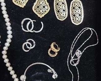 Swarovski Crystal Silver Tone & Faux Pearl bracelet (bottom). Kendra Scott earrings (two top pairs)