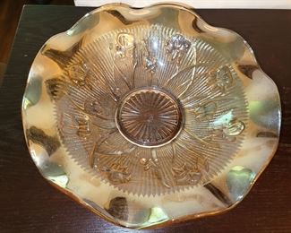 Vintage Jeanette Glass carnival glass Iris and Herringbone Large Serving Bowl Marigold