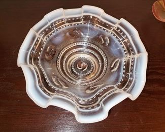 Clear Bowl w/Engraved Designs & White Fluted Edge