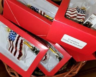 Basket full of blown glass U.S. flag ornaments