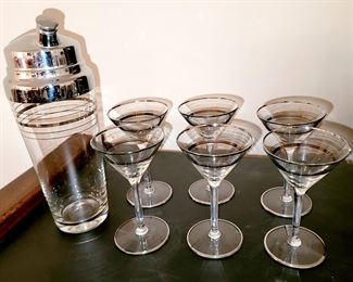Mid Century Silver striped martini glasses and shaker set