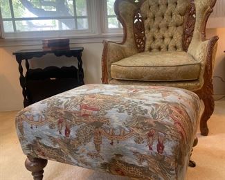 Beautifully upholstered chair & ottoman -- antique!