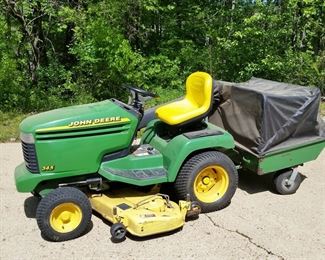 John Deere 345 riding mower with bagger cart