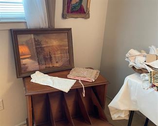 MCM - LP cabinet; vintage artwork, needlepoint artwork - framed