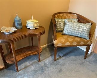 side table with lower tier (kidney curved), porcelain dishes and rush sided club chair