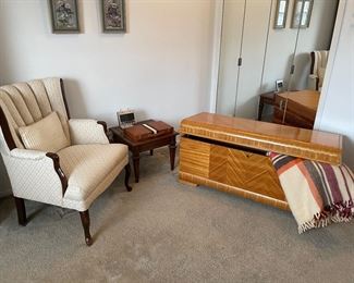 Lane cedar chest, Vintage wool blanket, curved wing-back chair, side table, backgammon set, and more!