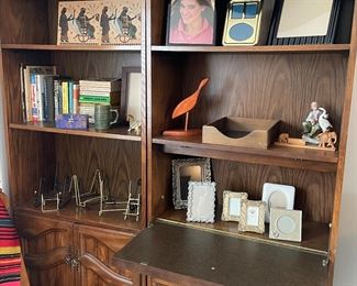 Bookcase with lower cabinet and bookcase with secretary drop-down desk and 3 drawers; books, picture frames and more!