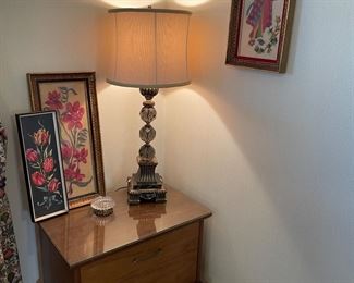 MCM side table with bronze and glass table lamp, needlepoint floral artwork