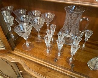 Another view of the Fostoria glassware:  water pitcher, champagne and aperitif glasses