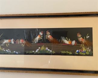 vintage artwork:  feathers and acrylic hand-painted - "Birds of a feather"
