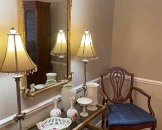 large gold framed provincial-styled mirror, long glass-topped console table, Lenox vases and covered dishes, pair of buffet lamps, and dining room armchair (5 side chairs and table also available)