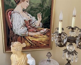 Needlepoint artwork - framed, brass and crystal lamp; footed crystal covered dish, ceramic artwork
