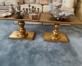 Gold-leaf square side tables, sterling silver candle holders, silver-plated pedestal tray, barware, and more!