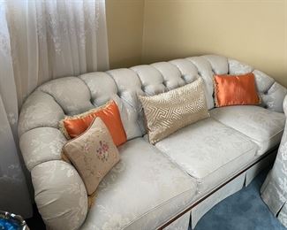 3-cushion curved back and sloping armed couch - very good condition, silk occasional pillows and needlepoint pillows