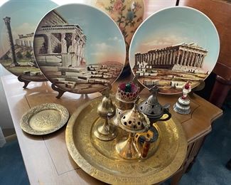 Greek plates with brass plate holders, greek incense burners and brass plate