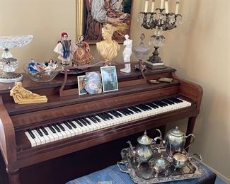 Piano - great price and includes the bench, needlepoint artwork, brass and crystal lamp, crystal footed dish, silver-plated coffee/tea set with tray