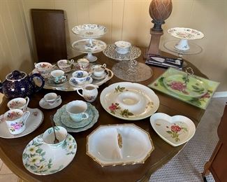 Porcelain cup and saucer sets, pedestal cake plates, appetizer plates and more