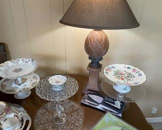 Footed cake plates, and table lamp