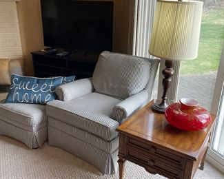 Armchair and ottoman, Drexel Heritage side table (2 available) and bronze lamp (2 available), blown glass large vase, "home sweet home" pillows