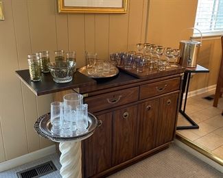 Drexel Heritage sideboard - very good condition, barware (some with gold leaf edging), plant stand, and glass mini ice bucket