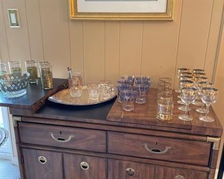 Drexel Heritage sideboard, vintage glassware and barware