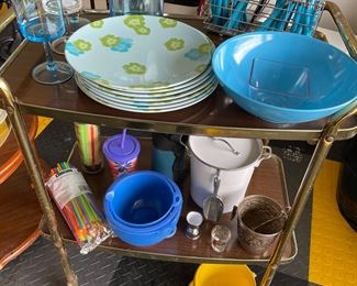 Metal bar cart with outdoor/plastic plates, glasses and more!