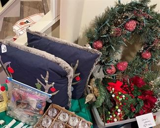 Holiday wreaths, and pillows