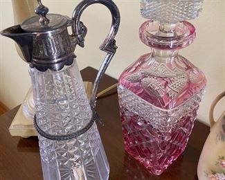 Vintage Crystal Silver Plate Pitcher, Vintage Bohemian Czech Cranberry Decanter