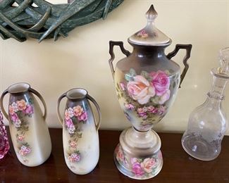 Antique Royal Vienna Hand Painted Bolted Urn, Pair of Smaller Urns, Crystal Decanter