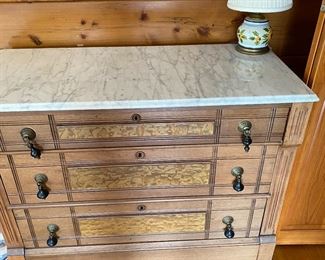 Antique Carved Oak 3 Drawer Chest, Marble Top, with Antique Tear Drop Drawer Pulls