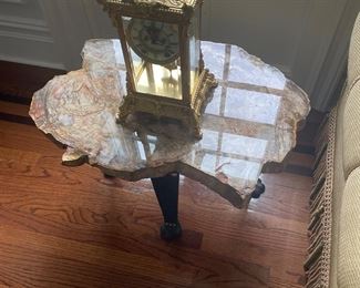 Petrified Wood Side Table & Ornate Ansonia Bronze Mantle Clock - Pristine 