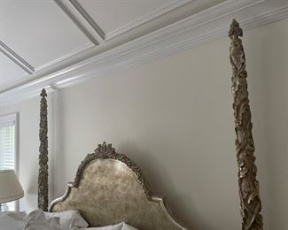 Carved 4 Poster Bed with detailed finials - Ornate Scalloped Headboard - King Size 