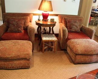 Pair Century armchairs & ottomans