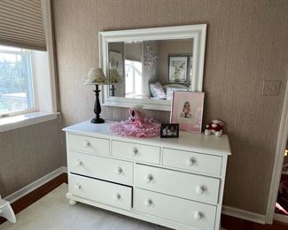 Pottery Barn kids bedroom set - twin beds (one with trundle), dresser & mirror