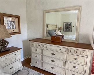 King bedroom set - tall chest, pair night stands, king bed, dresser with mirror