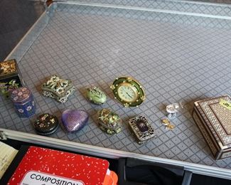 Assorted miniature boxes & Jay Strongwater clock