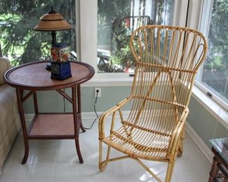 Vintage rattan lounge chair; burnt bamboo side table