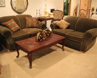 Pair love seats with ottoman; coffee table made with 18thc door top