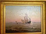 Marshall Johnson signed oil on canvas Framed 30 1/2" x 24 1/2"This biography from the Archives of AskART:
Marine painter Marshall Johnson, was born in Boston, Massachusetts, attending Lowell Institute, but his date of birth (1846 or 1850) is as uncertain as his post-mortem fame, or lack thereof. After being a very well known artist in the 1880s and 1890s, there were no ceremonies or death notices when Johnson died in 1921. Such was Johnson's fate despite the fact that he was recognized enough to have his 1883 oil painting of the ship, "Constitution," become a logo in the