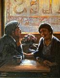 "FRENCH PUB CONVERSATION " LIEGHTON JONES OIL ON CANVAS 23"261/2 " Barry Leighton-Jones works with spontaneity, but also with the ideas of clear and precise statement so his art never lacks feeling or depth and the best of L-J's paintings are charged with a poetic sensibility, rhythm and emotion. The concepts of man vs man and man vs nature can be felt strongly in many of his images, often adding a tragi-comic element to his subjects. As an artist of and for the people, it is no wonder that L-J has always maintained that all artists should be advertised in the listings pages of telephone directories. His primary themes are children, waifs, women and clowns.