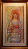 "GIRL WITH FLOWERS" HIBEL OIL ON CANVAS UNFRAMED Hibel's work has been exhibited in museums and galleries in more than 20 countries including Russia, Brazil, China, Costa Rica, and the United States, and under the royal patronage of Count and Countess Bernadotte of Germany, Count Thor Bonde of Sweden, Prince and the late Princess Rainier of Monaco and Her Majesty Queen Elizabeth II of England. Pope John Paul II gave her a medal of honor as did the late Belgian King Baudouin